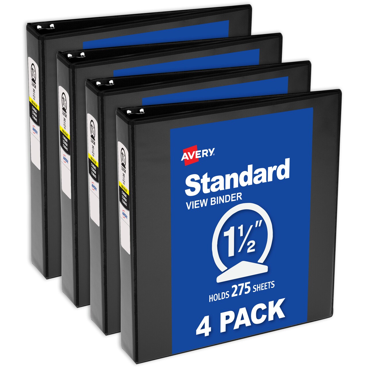 Avery Standard View 3 Ring Binders, 1.5" Round Rings, 275-Sheet Capacity, 2.1 Inch Wide Spine, Black Binders, Ideal for Lightweight Organization and Occasional Referencing (4-Pack of 19204)